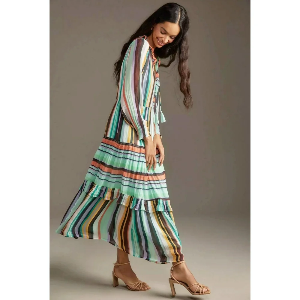 Anthropologie Marais Maxi Tiered Dress‎ Printed Chiffon